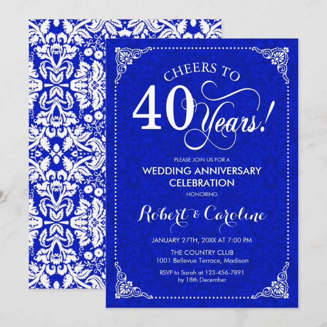 Invitation 40e anniversaire du Mariage - Sapphire bleu blanc (Devant / Derrière)