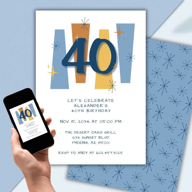 Invitation 40e anniversaire du Moyen-siècle moderne bleu (Créateur téléchargé)