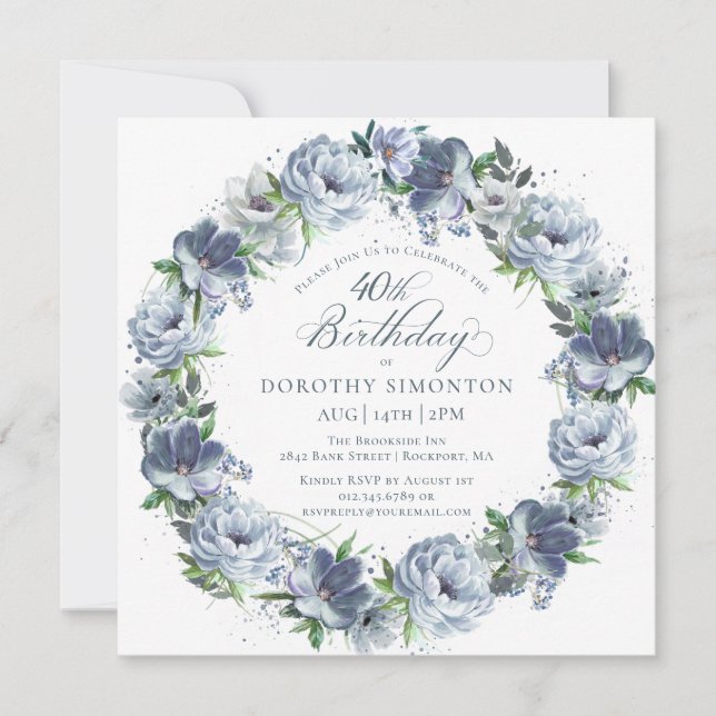 Invitation 40e anniversaire Dusty Blue Flower Wreath (Devant)