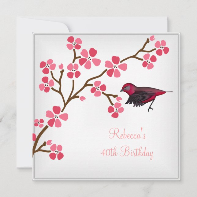Invitation 40e anniversaire Elégant asiatique Fleurs roses Bi (Devant)