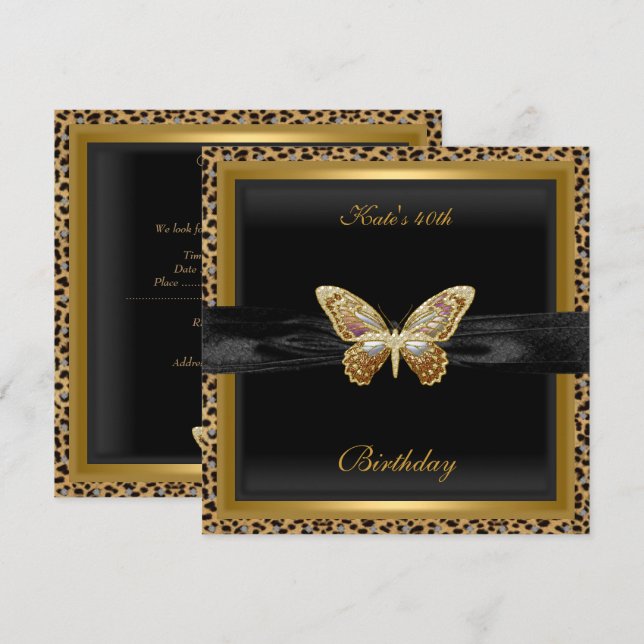 Invitation 40e anniversaire Elegant Leopard Gold Butterfly (Devant / Derrière)