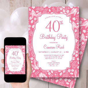 Invitation 40e Anniversaire Élégant Rose Floral Féminin Oisea
