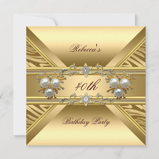 Invitation 40e anniversaire Elegant Zebra Gold Pearl Jewels (Devant)