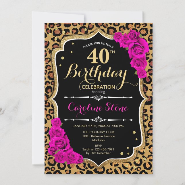 Invitation 40e anniversaire - Empreinte de léopard Roses rose (Devant)