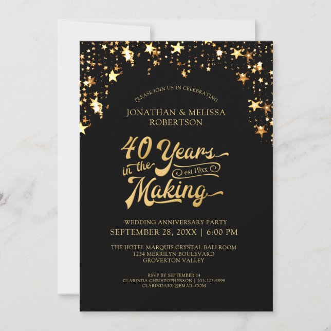 Invitation 40e anniversaire Étoiles noires et dorées 40 ANS (Devant)
