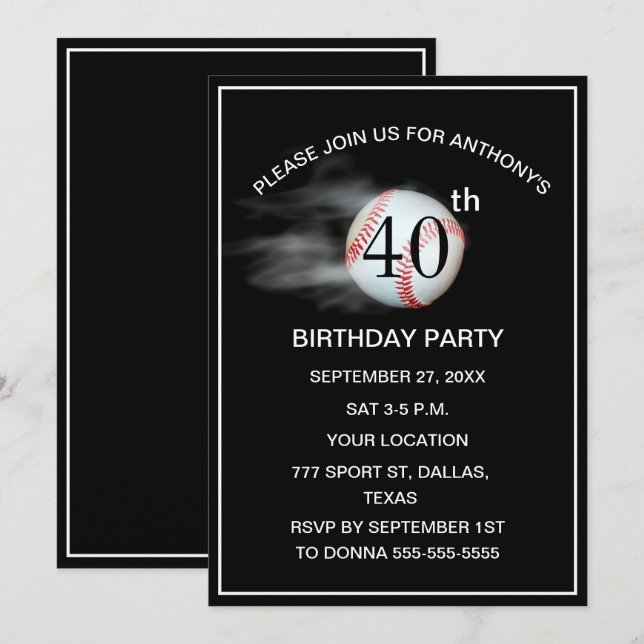 Invitation 40e Anniversaire Fête Baseball Black Papa Sport (Devant / Derrière)