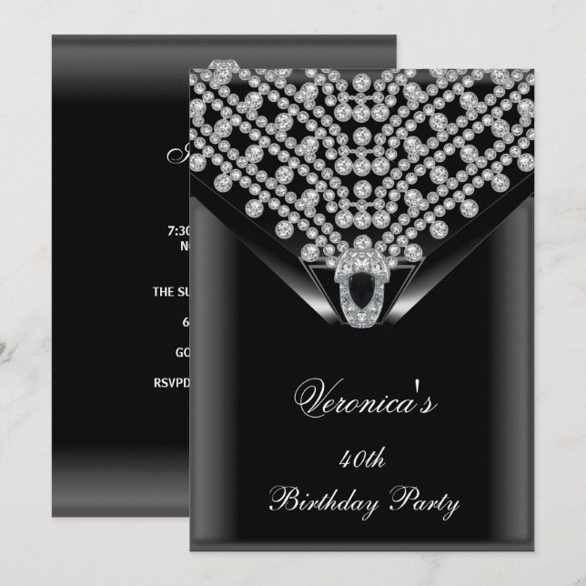 Invitation 40e anniversaire fête élégante Diamants noirs 2 (Devant / Derrière)