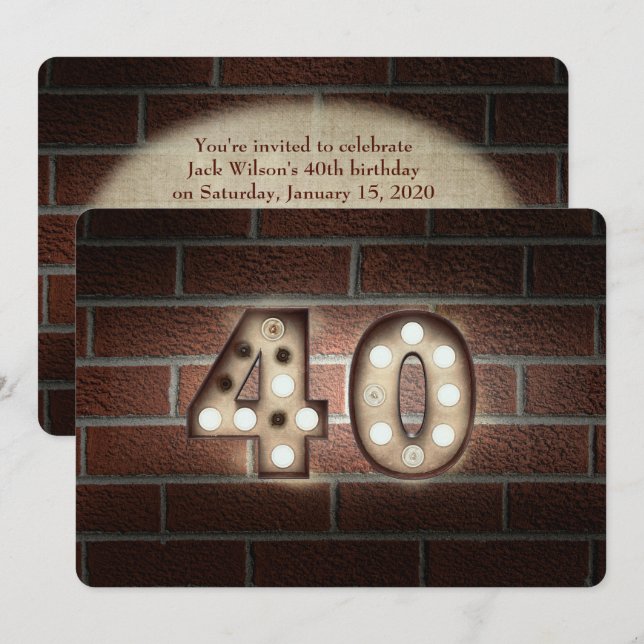 Invitation 40e anniversaire Fête-marquee lumières sur brique (Devant / Derrière)