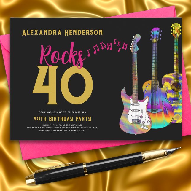 Invitation 40e Anniversaire Fête Rocks 40 Guitare Pink Gold (Rock and roll pink black and gold 40th birthday party inviation funky guitar rock)