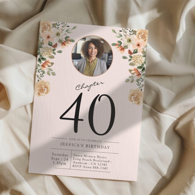 Invitation 40e anniversaire Floral Photo Party (Custom 40th birthday party invitation in blush pink with photo on cloth background)