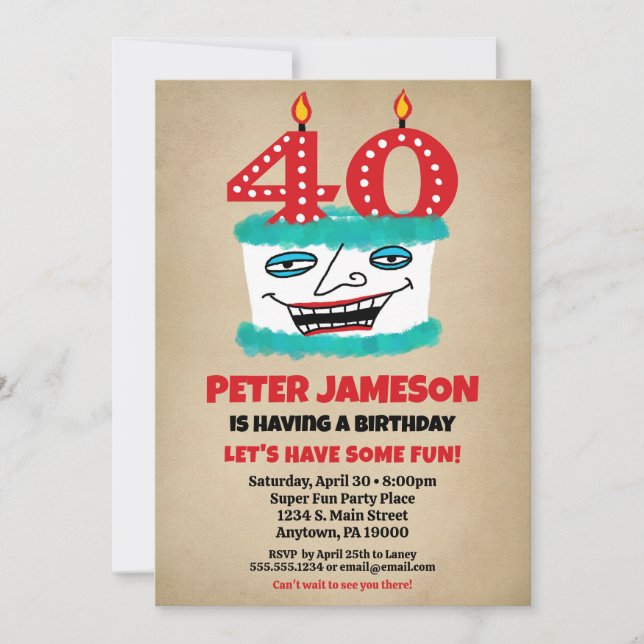 Invitation 40e anniversaire Funny Cake Mens Décont (Devant)