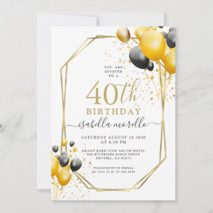 Invitation 40e anniversaire Gold Black Balloons Parties scint