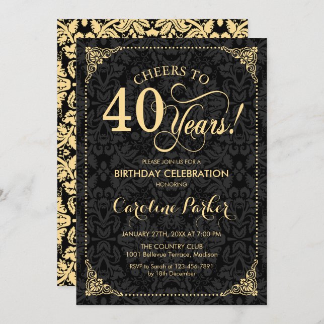 Invitation 40e anniversaire - Gold Black Damask (Devant / Derrière)