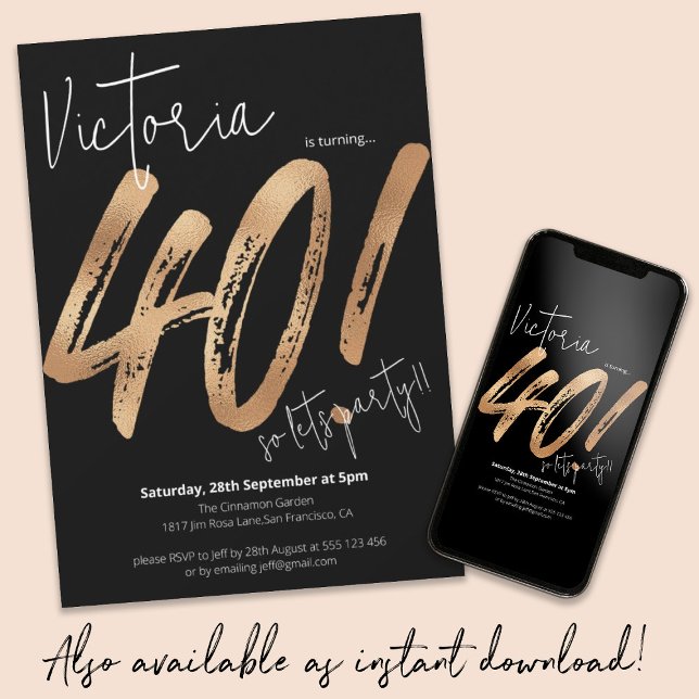 Invitation 40e anniversaire Gold Noir Sassy Moderne minimalis (40th Birthday Gold Black Sassy Modern Minimalist Invitation
)