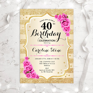 Invitation 40e anniversaire - Gold Stripes rose Roses Invitat