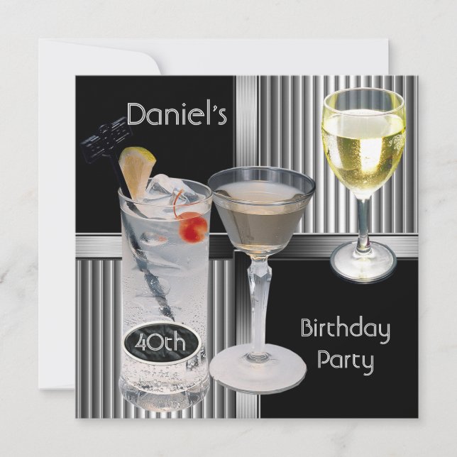 Invitation 40e anniversaire Hommes Boissons Métal Noir Argent (Devant)