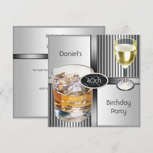 Invitation 40e anniversaire Hommes Boissons Métal Noir Argent (Devant / Derrière)