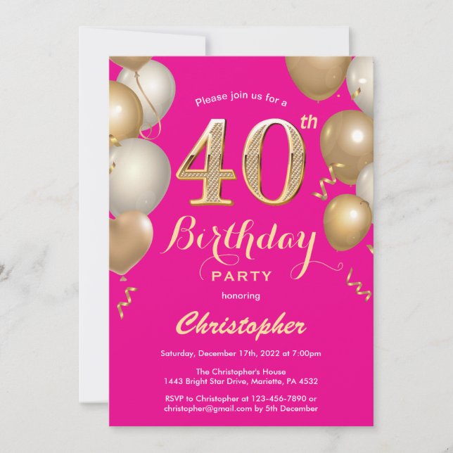 Invitation 40e Anniversaire Hot Pink et Gold Balloons Confett (Devant)