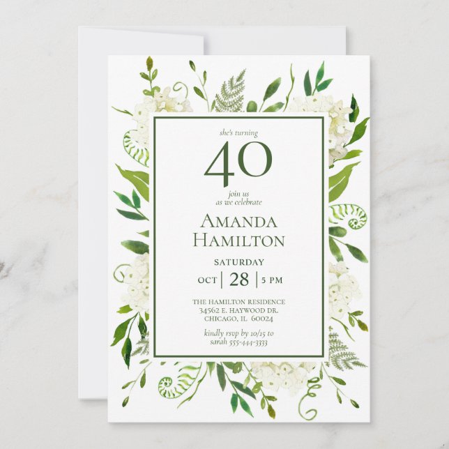 Invitation 40e anniversaire Hydrangée blanche (Devant)