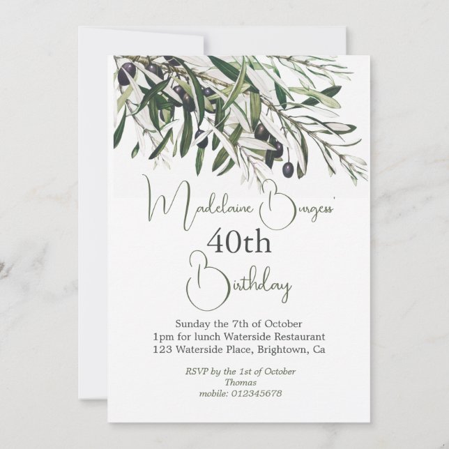 Invitation 40e anniversaire Italien Olive Branch Élégant (Dos)