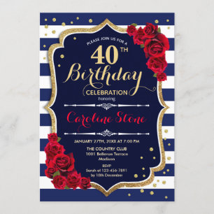 Invitation 40e anniversaire - Marine White Stripes et Red Ros
