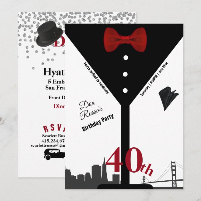 Invitation 40e anniversaire Martini Glass Red Bow Cravate (Devant / Derrière)