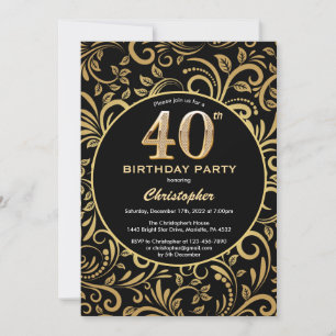 Invitation 40e anniversaire Modèle floral noir et or