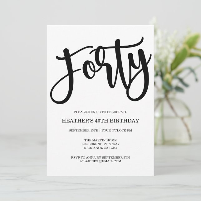 Invitation 40e anniversaire moderne noir et blanc (Debout devant)