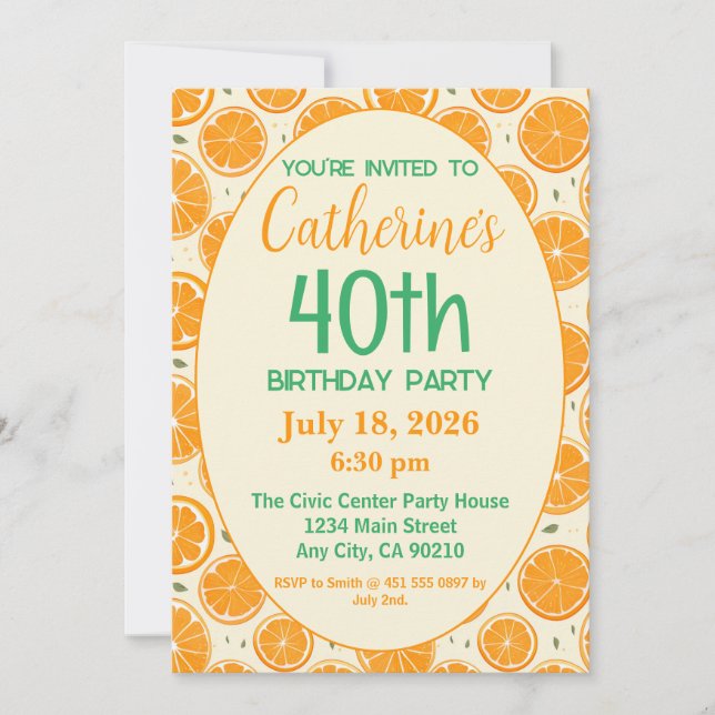 Invitation 40e anniversaire, Motif de tranches d'orange frais (Devant)