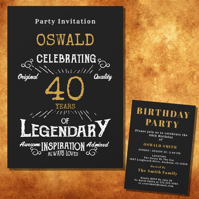 Invitation 40e anniversaire Né légendaire Black Gold Retro (For those celebrating their 40th birthday we have the ideal birthday party invitation)