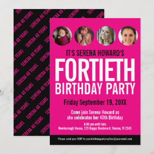 Invitation 40e anniversaire noir blanc cercles photo rose