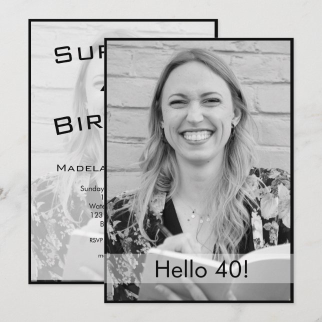 Invitation 40e anniversaire noir blanc photo moderne élégant (Devant / Derrière)