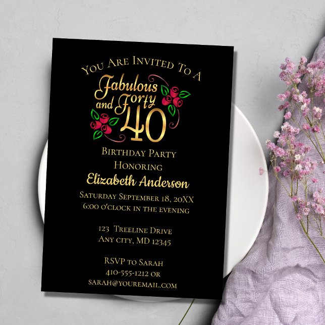 Invitation 40e anniversaire Noir et or avec Rose (Créateur téléchargé)
