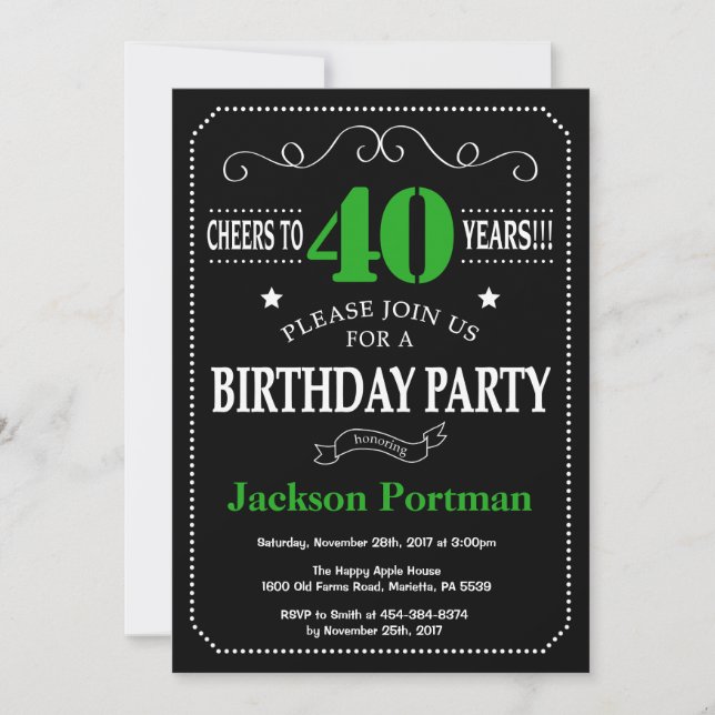 Invitation 40e anniversaire Noir et Vert Chalkboard (Devant)