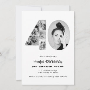 Invitation 40e anniversaire Numéro 40 Photo Collage noir blan
