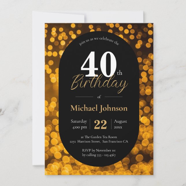 Invitation 40e Anniversaire Or Noir Élégant Moderne Personnal (Devant)
