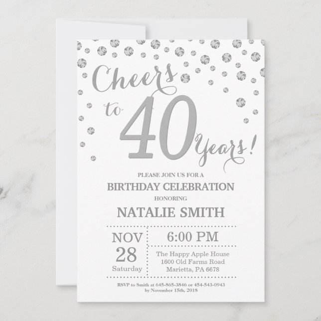Invitation 40e anniversaire Parties scintillant d'argent Invi (Devant)