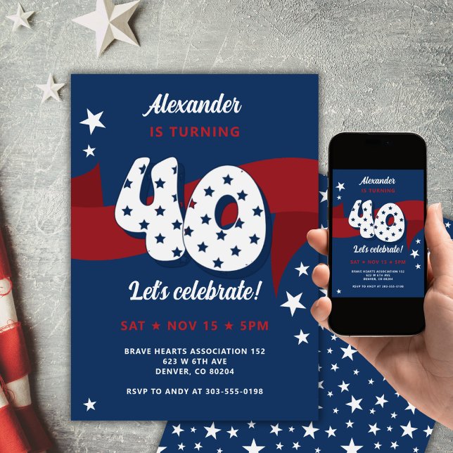 Invitation 40e Anniversaire Patriotique Rouge Blanc Bleu Étoi (Créateur téléchargé)