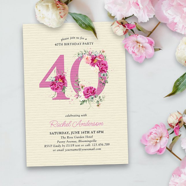 Invitation 40e anniversaire Peony rose Floral Numéro 40 (40th Birthday Invitation with pink floral number 40 - elegant vintage design with roses and peonies)
