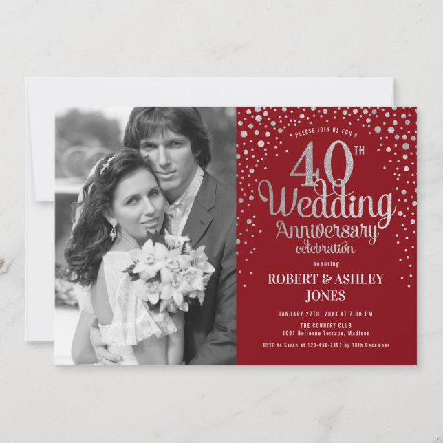 Invitation 40e anniversaire - Photo argent rouge rubis (Devant)