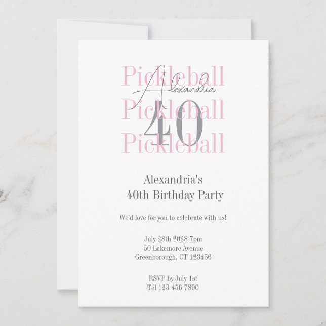 Invitation 40e anniversaire Pickleball Pink Typographie (Devant)