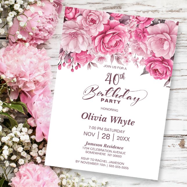 Invitation 40e anniversaire Pink Floral Party (Créateur téléchargé)