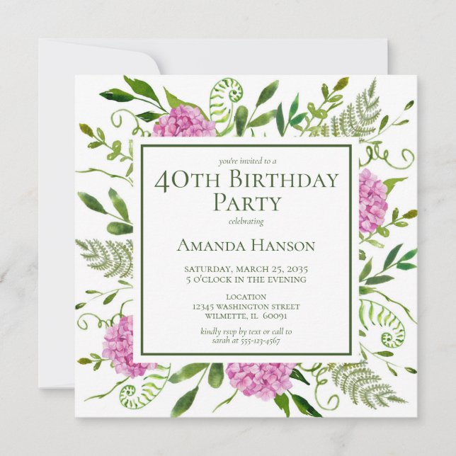 Invitation 40e anniversaire Pink Hydrangeas (Devant)