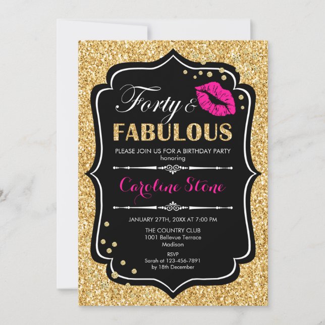 Invitation 40e anniversaire - Quarante fabuleux or noir rose (Devant)