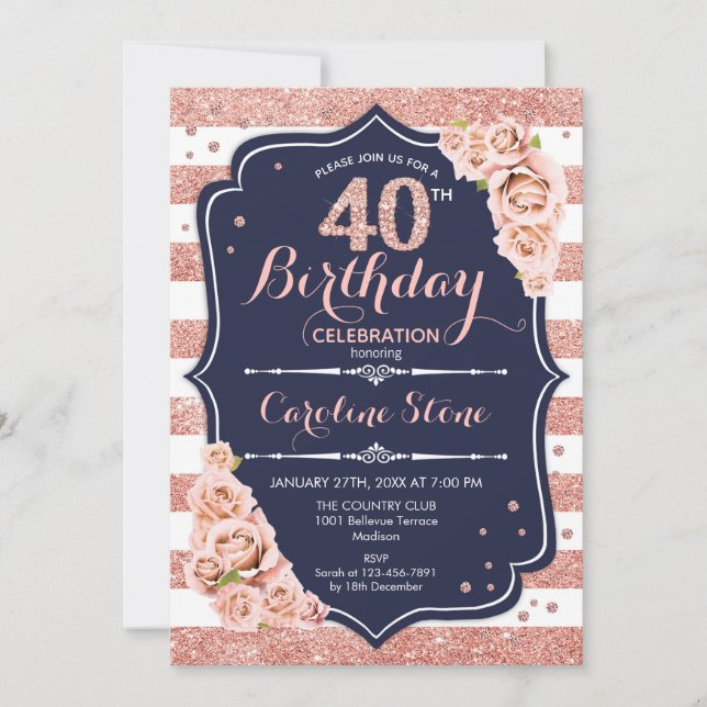 Invitation 40e anniversaire - Rose de la marine Gold et White (Devant)