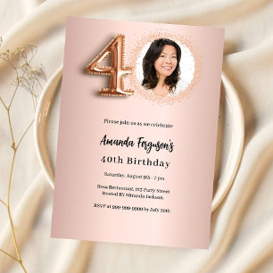 Invitation 40e anniversaire rose photo d'or