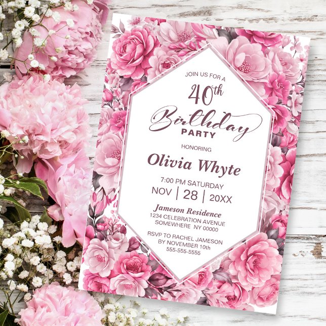 Invitation 40e anniversaire Rose Rose Floral Party (Créateur téléchargé)