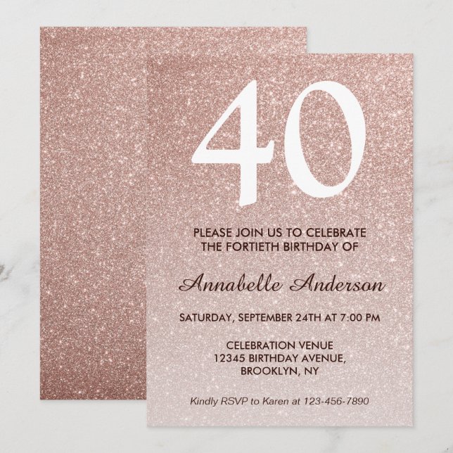 Invitation 40e anniversaire Rose Rose Parties scintillant or  (Devant / Derrière)