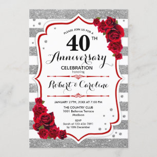 Invitation 40e Anniversaire - Roses rouges blanches argentées