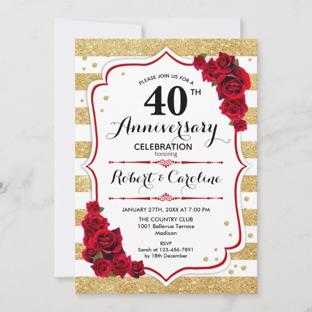 Invitation 40e anniversaire - Roses rouges blanches or (Devant)